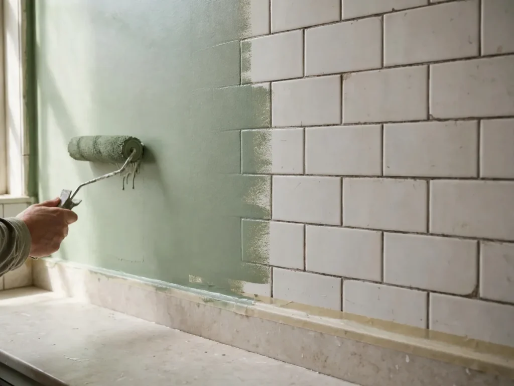 Azulejos antigos do banheiro sendo pintados com rolo em verde-sálvia