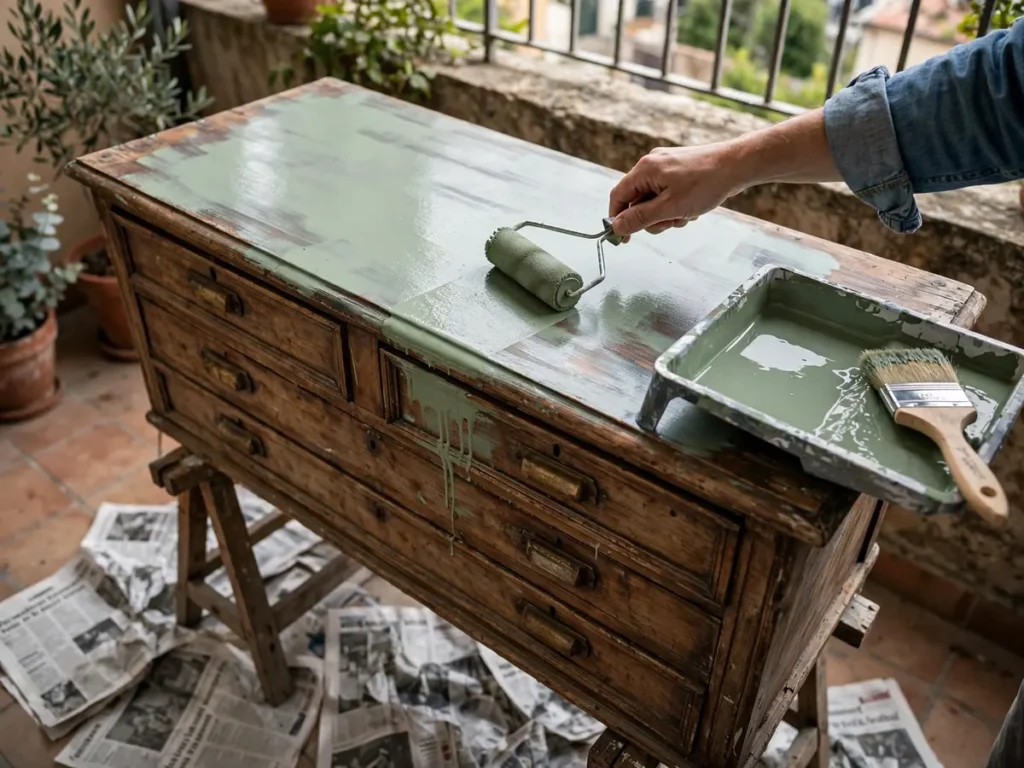 Rolo de espuma aplicando tinta verde-sálvia no tampo de cômoda antiga
