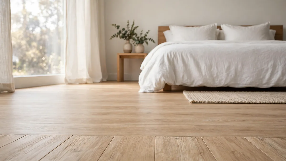 Quarto com piso vinílico em réguas com aparência de madeira clara