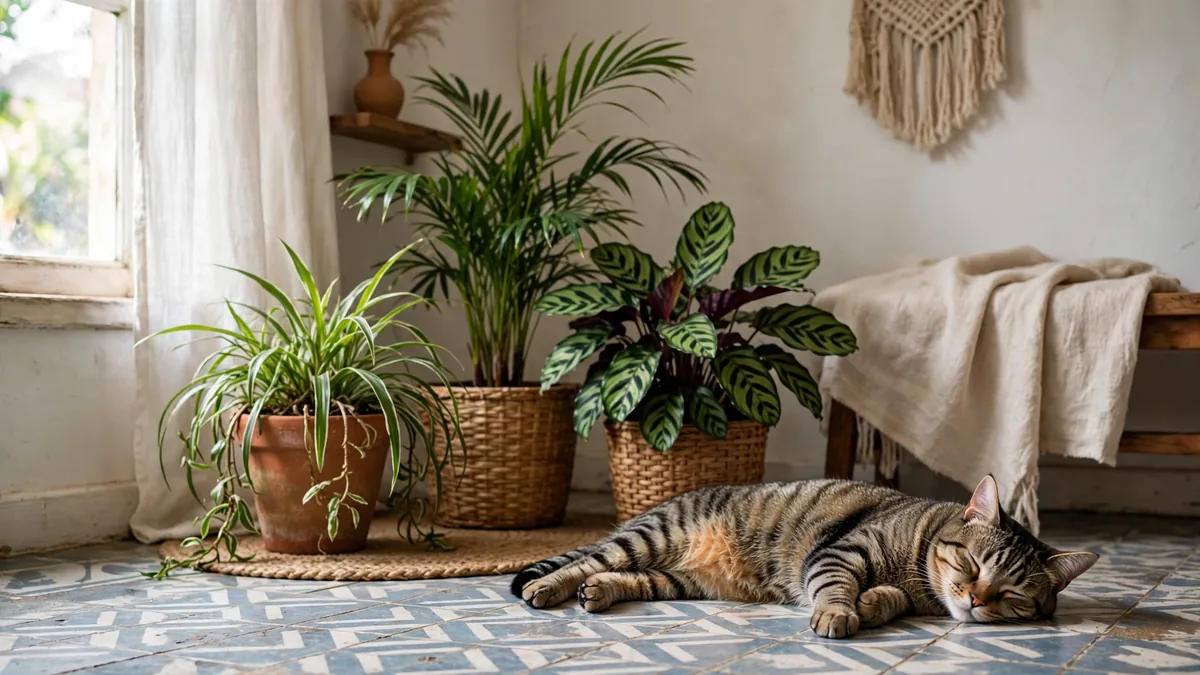 Gato deitado ao lado de plantas não tóxicas para gatos como clorofito e calathea