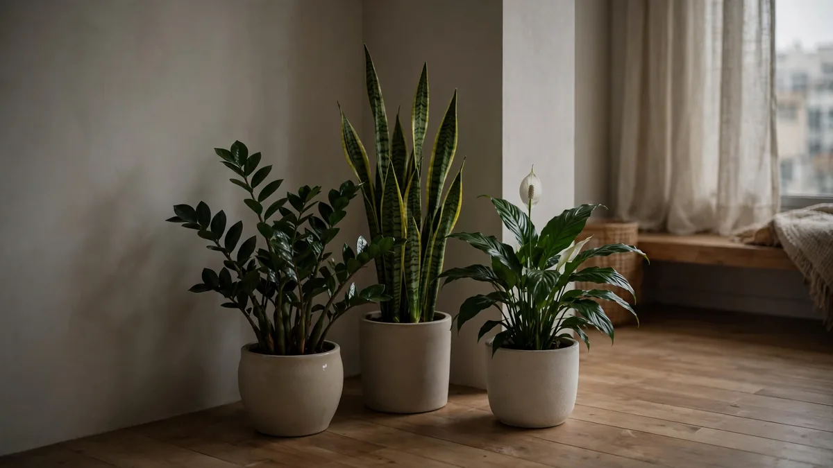 Plantas para sombra como zamioculca, espada-de-são-jorge e lírio-da-paz em canto de sala