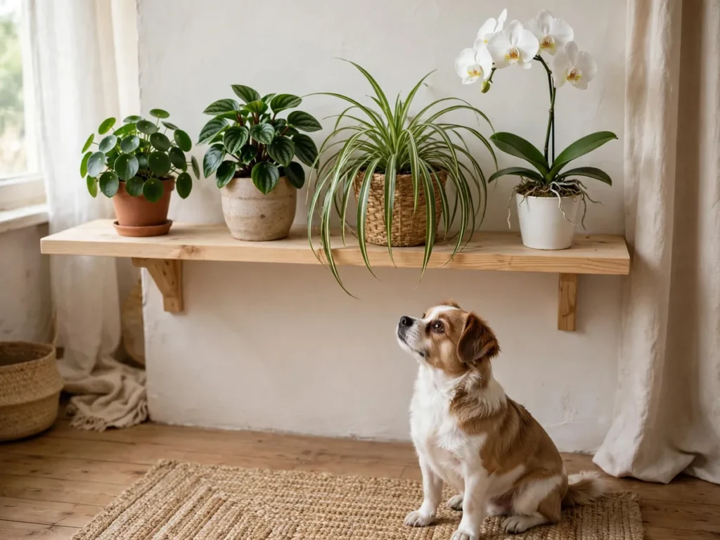Prateleira com pilea, peperômia, clorofito e orquídea, plantas seguras para cachorro