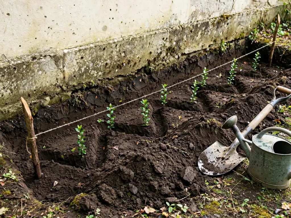 Mudas de cerca viva plantadas em zigue-zague em vala junto ao muro