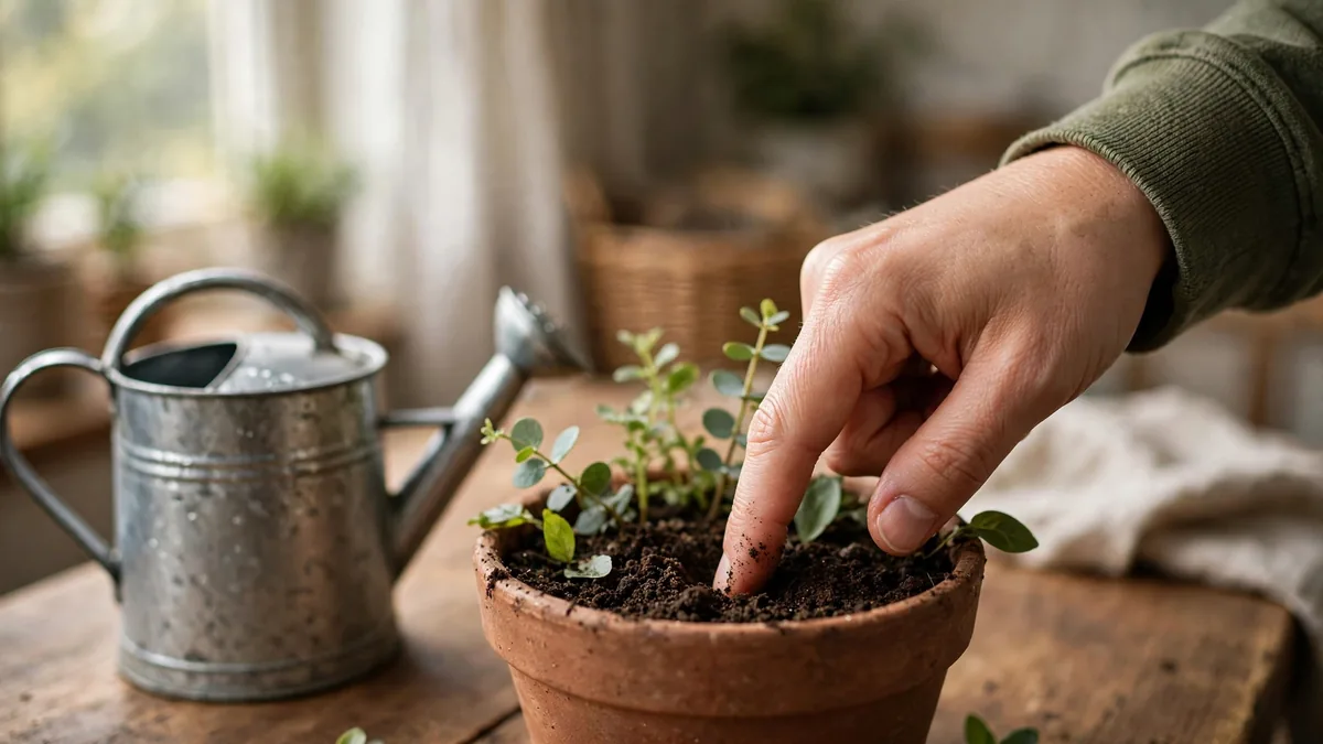 Pessoa testando a umidade da terra com o dedo para saber quando regar plantas