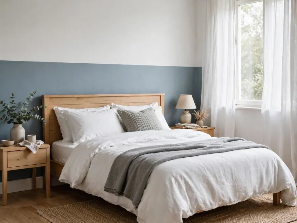 Quarto com meia parede pintada em azul-acinzentado e parte de cima branca