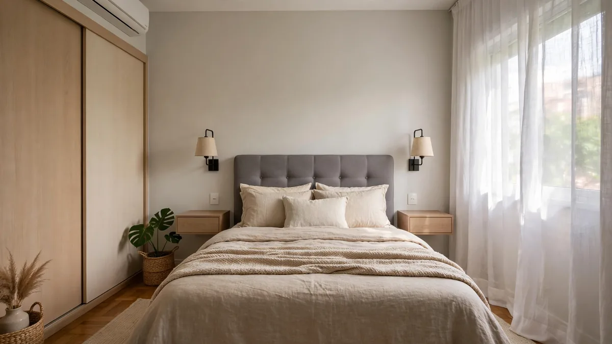 Quarto pequeno de casal com cama queen, criados-mudos suspensos e arandelas