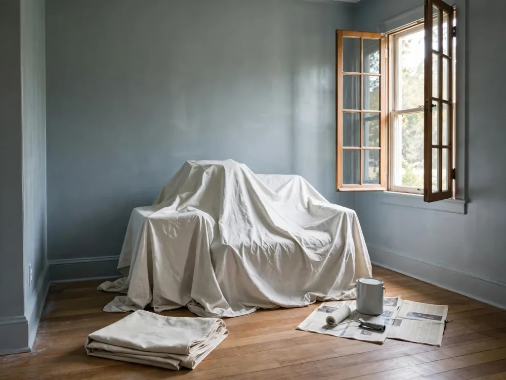 Quarto recém-pintado com móveis cobertos e janela aberta para secagem da tinta