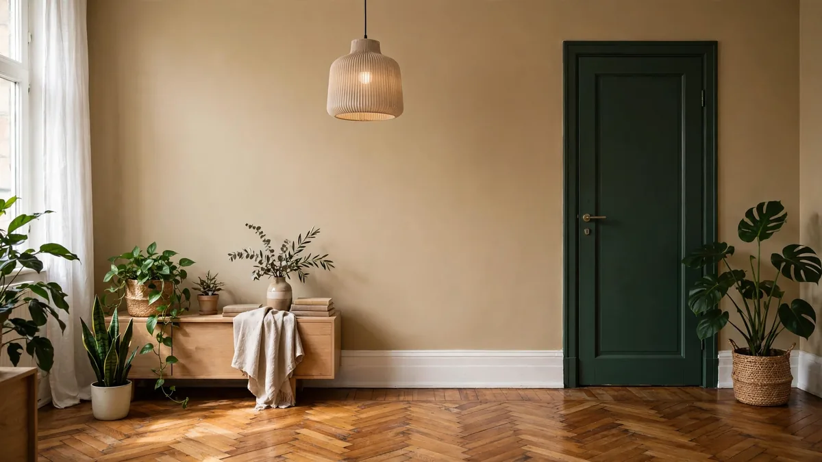 Sala renovada com reforma barata: parede pintada, rodapé alto e porta verde-escura