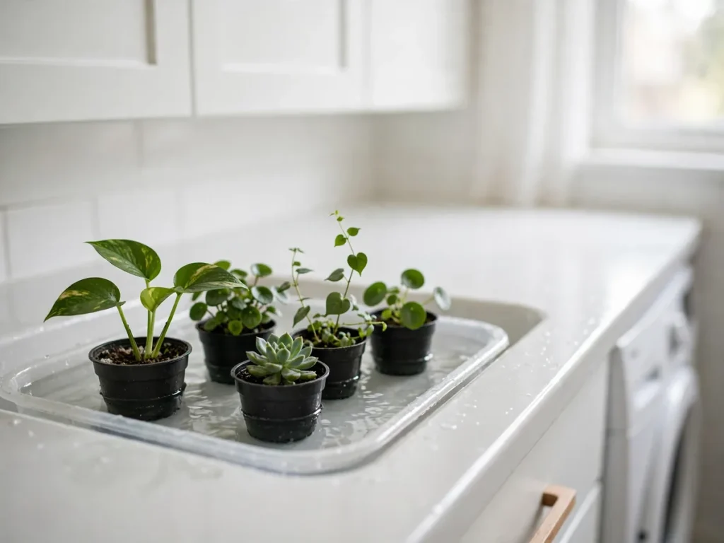 Vasos pequenos de plantas dentro de bacia com água para rega por imersão