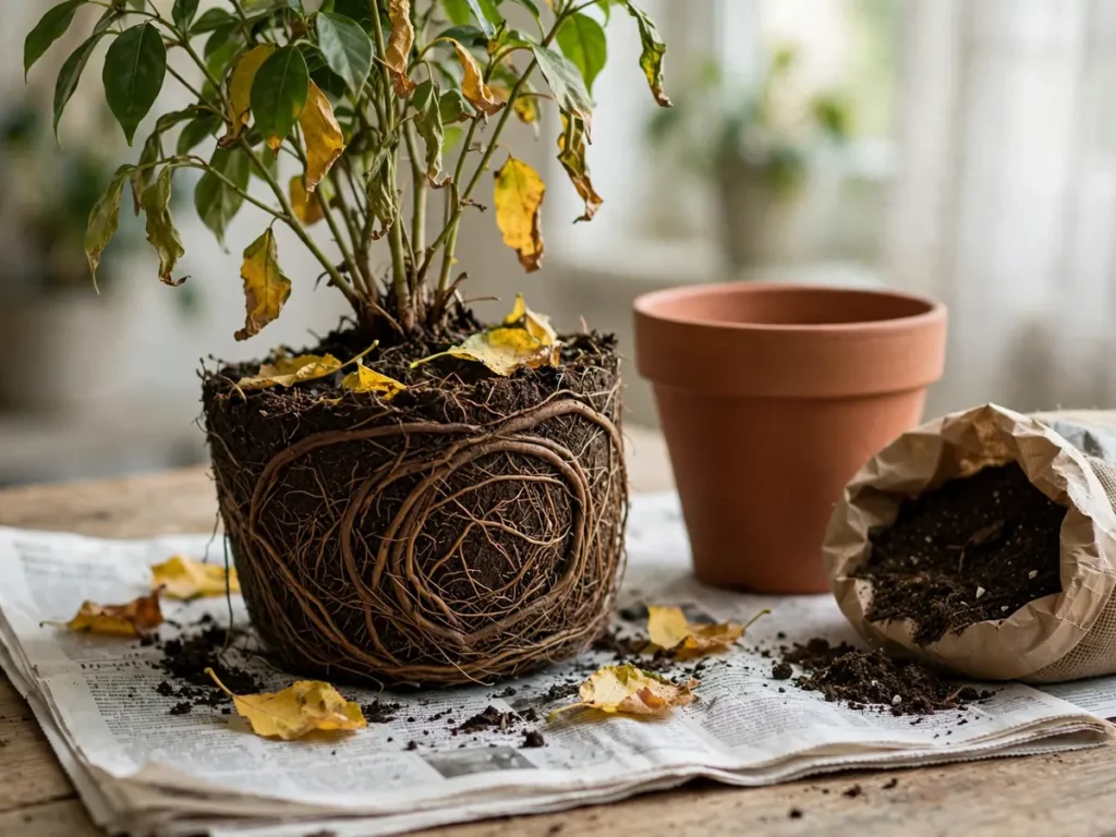 Planta com raízes enroladas retirada do vaso para replantio em vaso maior