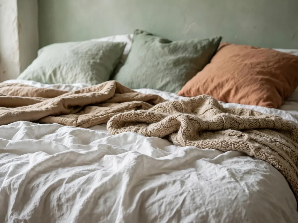 Roupa de cama de linho branco e areia com almofadas verde-sálvia e terracota
