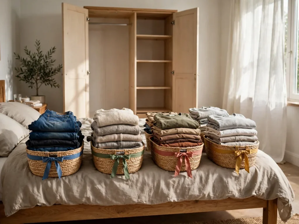 Roupas separadas em pilhas sobre a cama para organizar o guarda-roupa