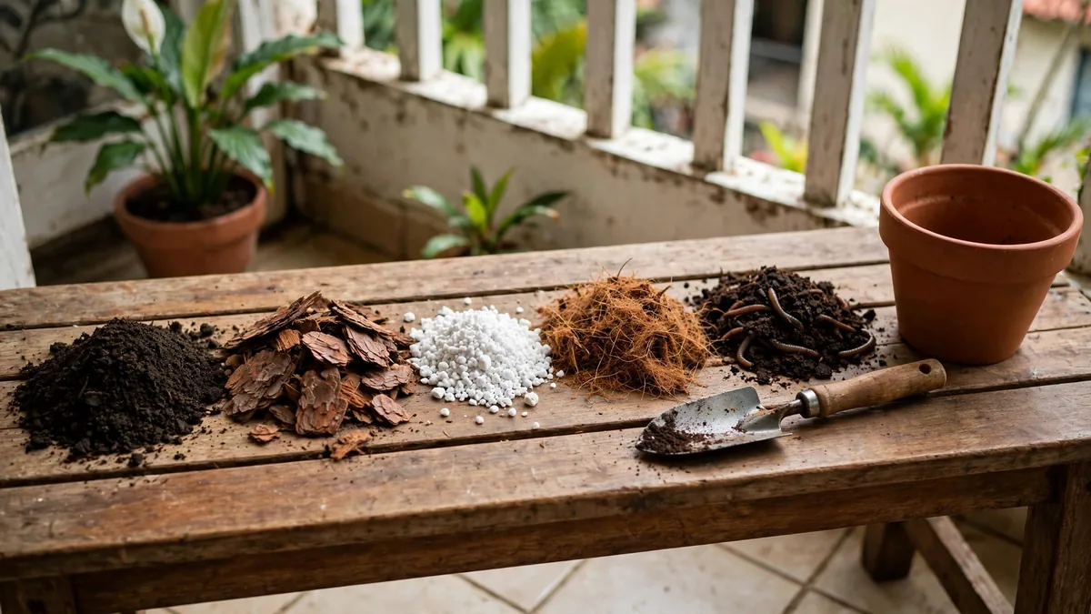 Ingredientes de substrato para plantas separados sobre bancada de madeira