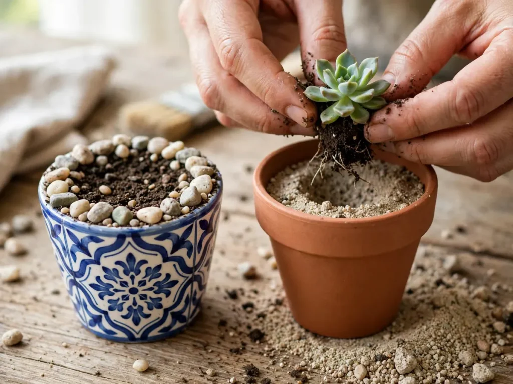 Suculenta de lembrancinha sendo replantada do potinho sem furo para vaso de barro