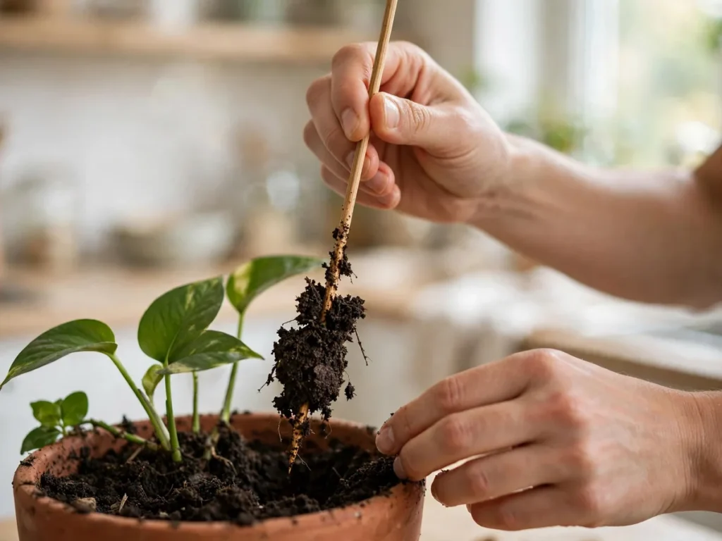 Palito de madeira com terra úmida grudada retirado do vaso para testar a rega