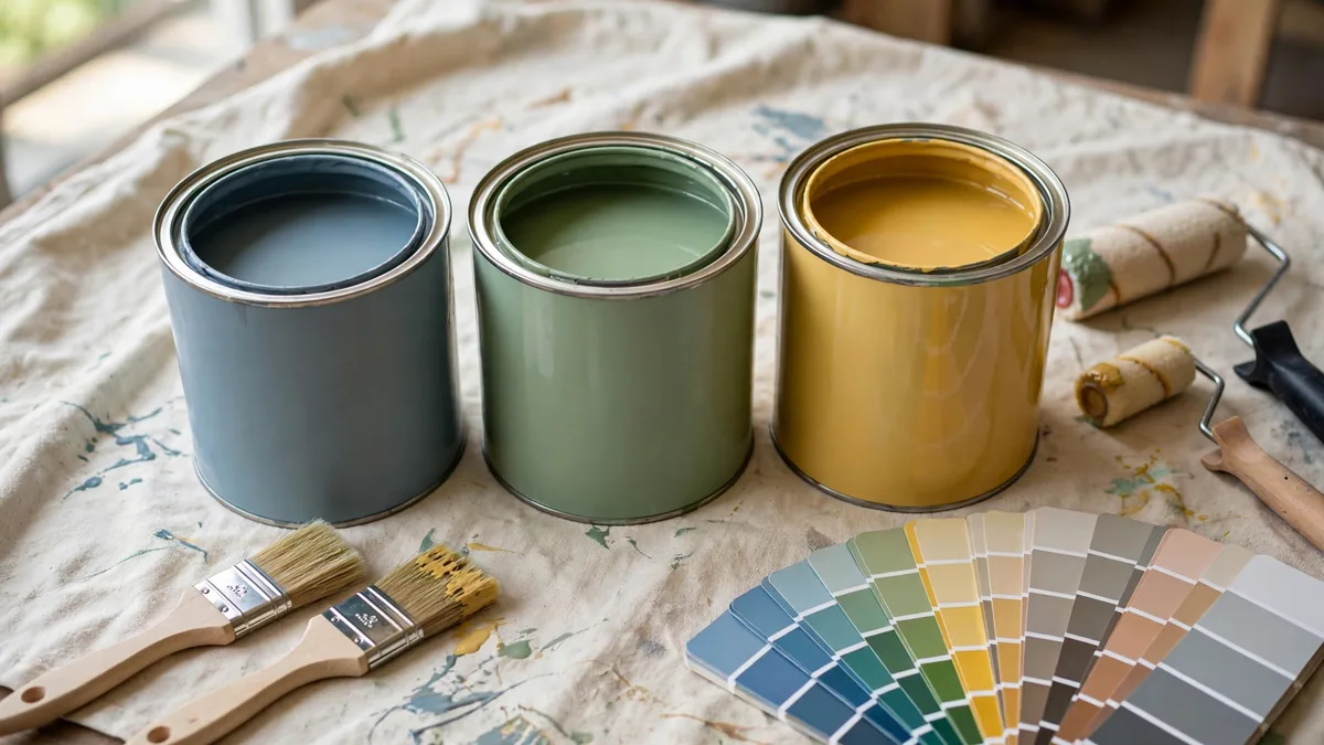 Latas de tinta abertas com acabamentos fosco, acetinado e brilhante e cartela de cores