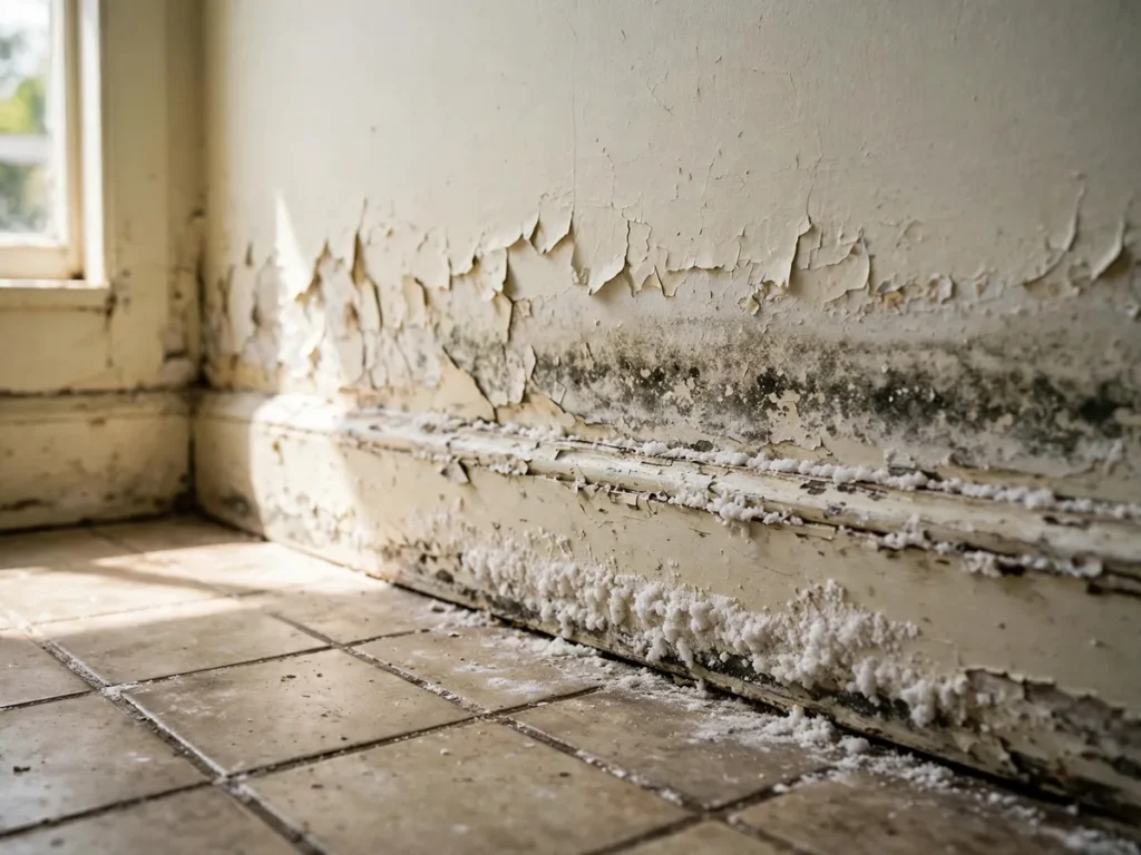 Umidade do solo subindo pela base da parede com salitre branco perto do rodapé