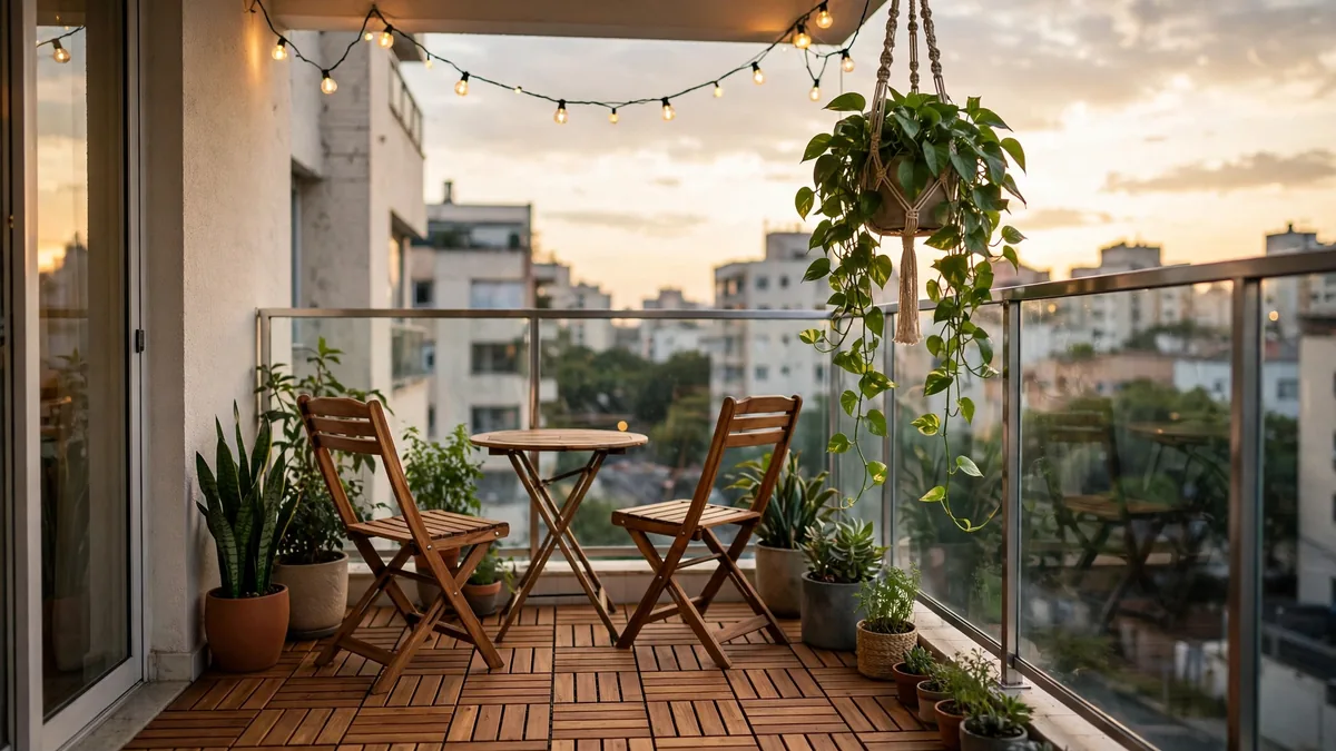 Varanda pequena decorada com deck modular, mesa bistrô, plantas e cordão de luzes