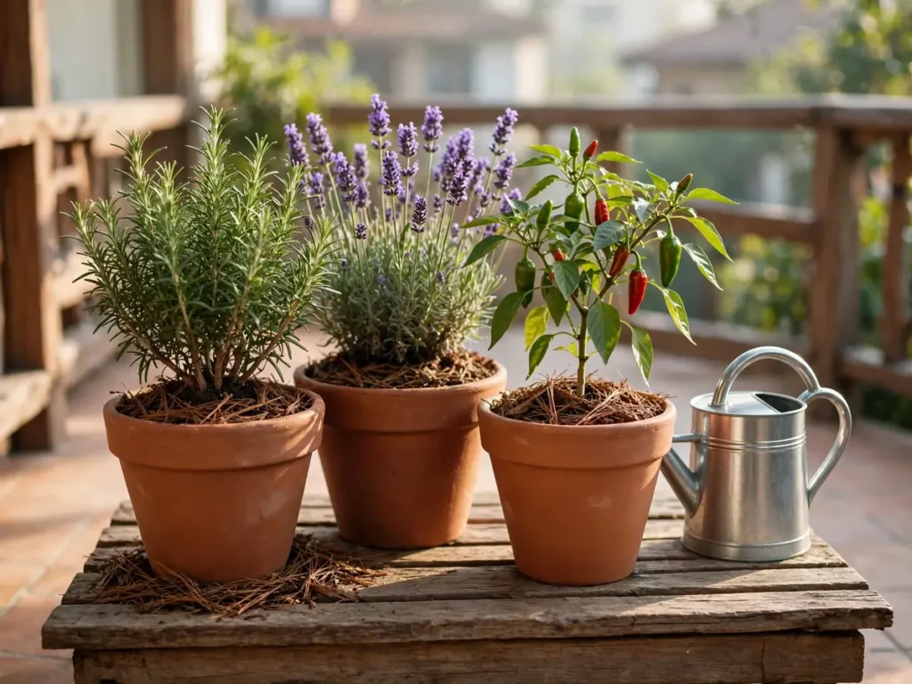 Plantas para varanda com sol agrupadas em vasos de barro com terra coberta por casca de pinus