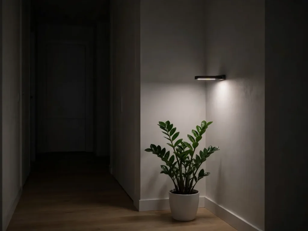 Zamioculca em corredor iluminada por luminária de cultivo LED na parede
